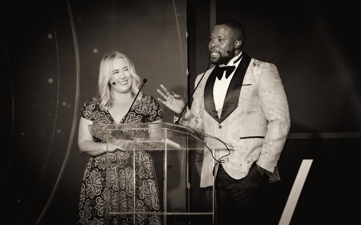Lebo Mokoena hosting an awards evening alongside a co-host